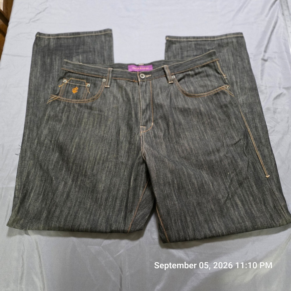Rocawear Baggy Jeans Mens 38 Dark Wash Gold Embroidered Logo Streetwear Y2K